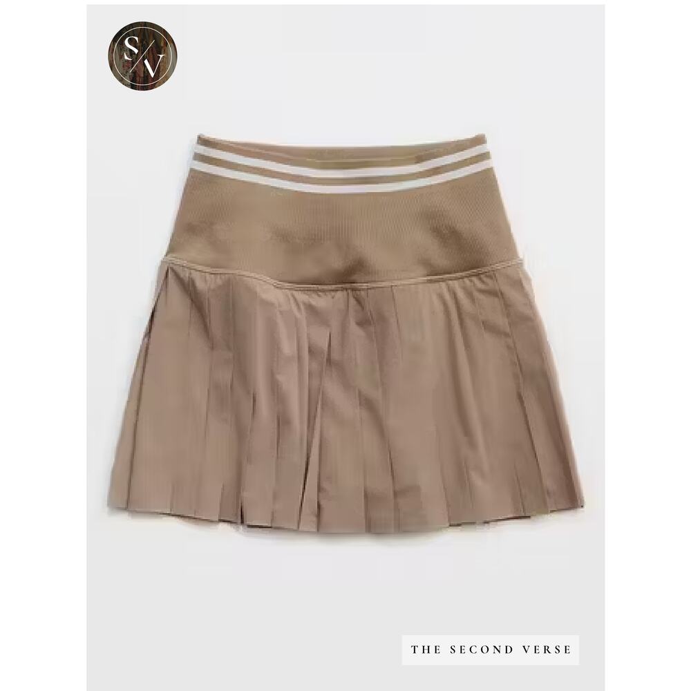 Offline By Aerie Pleated Bow Pleated Wide Waistband Skirt Tan White Size Medium - Picture 3 of 11